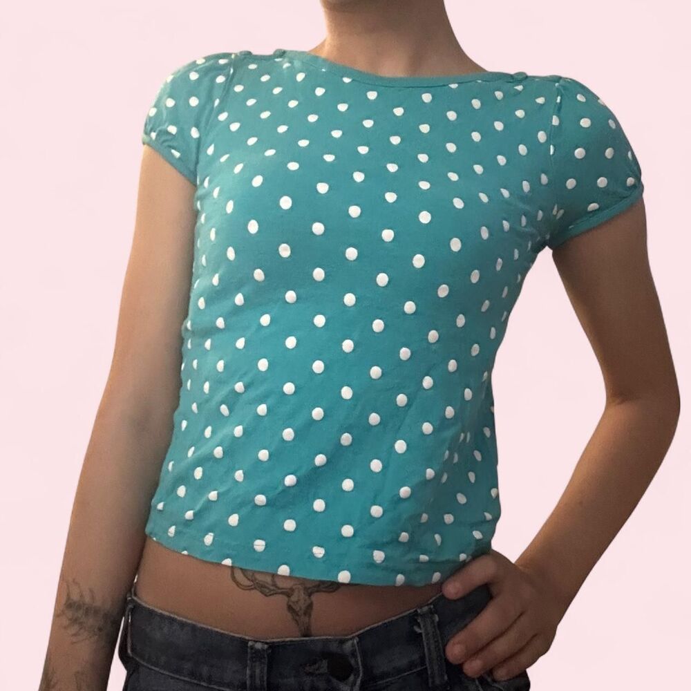 women’s blue and white polka dot babydoll top